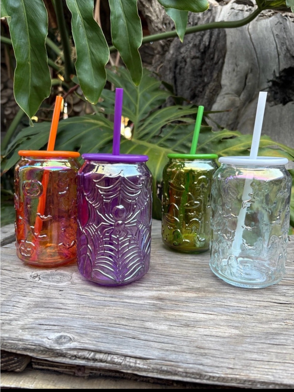 Colorful Iridescent Glass Tumbler with Straw - Purple, white, green, orange 4